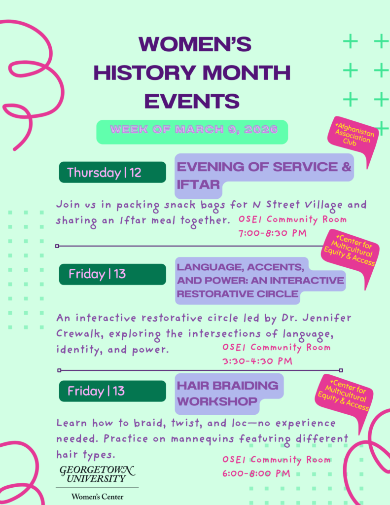 Flyer advertising the above written events for the week of March 9, 2026.