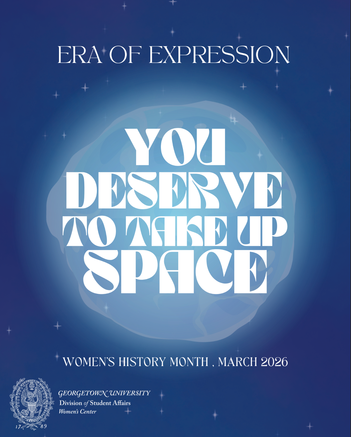 A dark blue cosmic-themed poster features a glowing abstract shape at the center, surrounded by small stars. Large white text at the top reads 