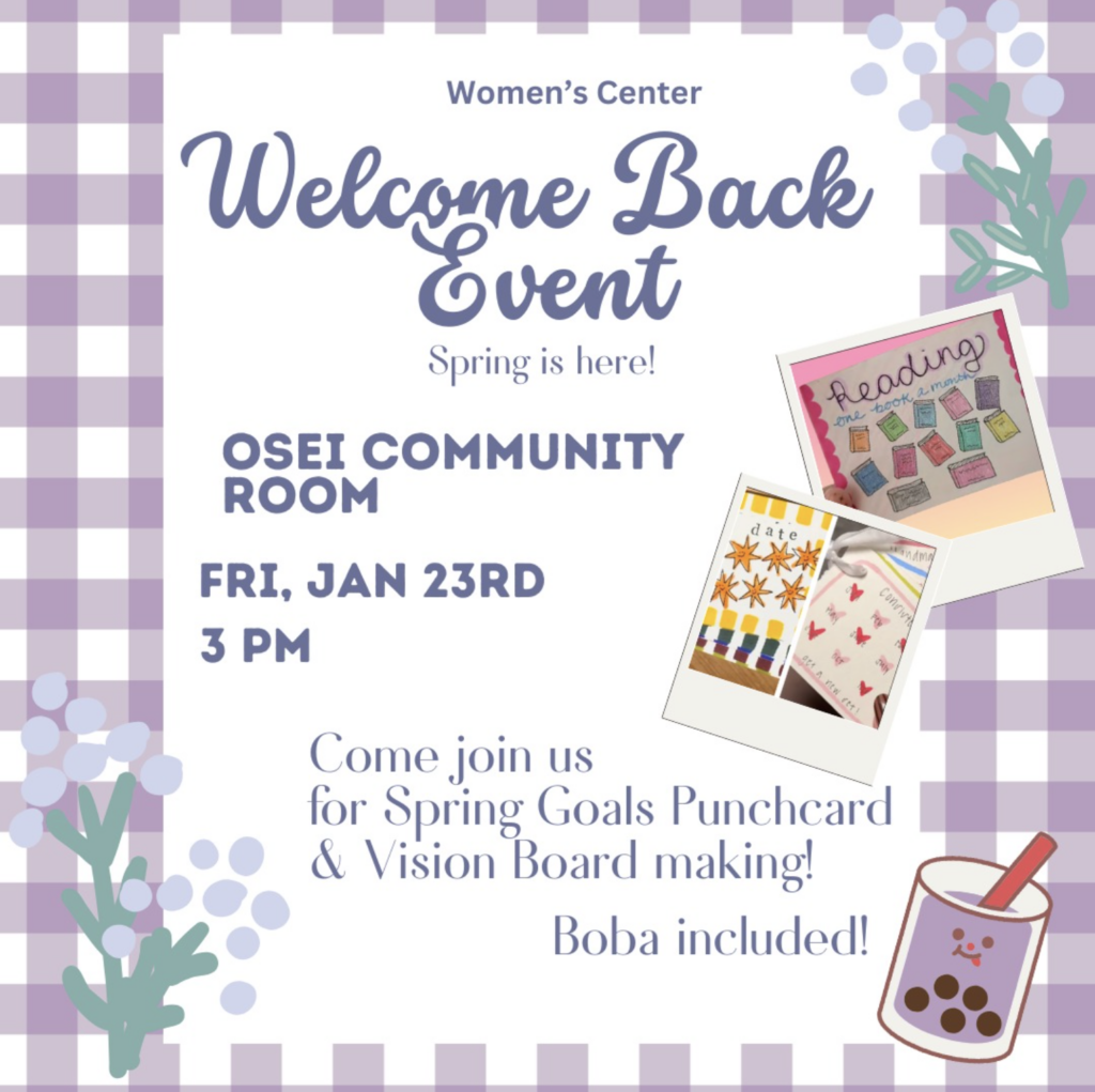Purple and white background with text, "Women's Center Welcome Back Event: Spring is here! OSEI Community Room. Jan 23rd at 3PM. Come join us for Spring Goals Punchcard & Vision Board making! Boba included!"