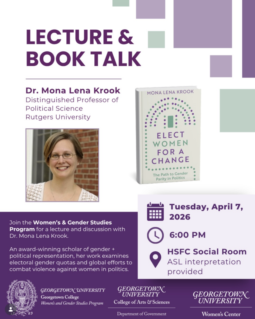 Purple and white flyer with a headshot of Mona Krook, a photo of her book, "Elect Women for a Change", and the event information and sponsors.