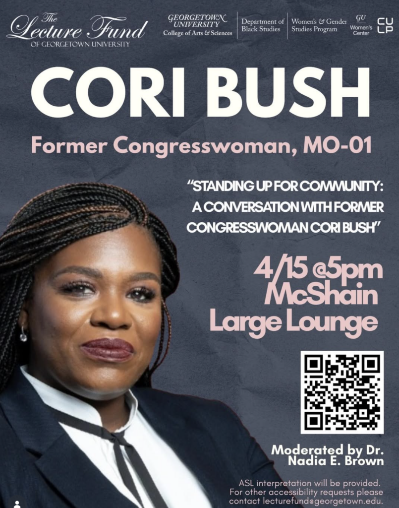 Gray background with a headshot of Cori Bush, information about the event, and a QR code to register.