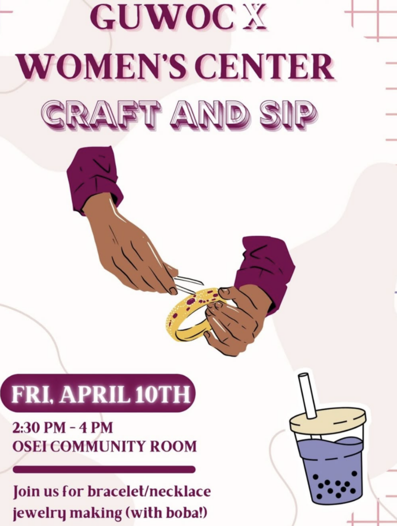 Pink flyer with hands making a bracelet, clipart of a boba drink, and information about the event.