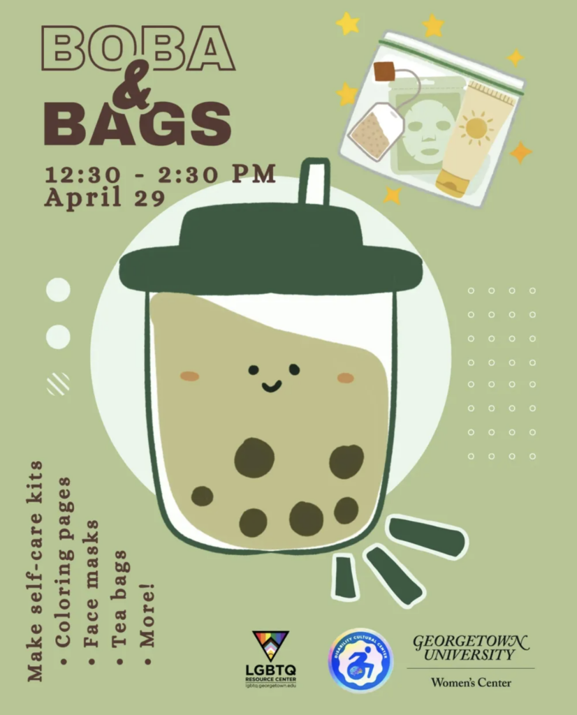 Green flyer with clipart of boba and a self care bag and info about the event and sponsors.