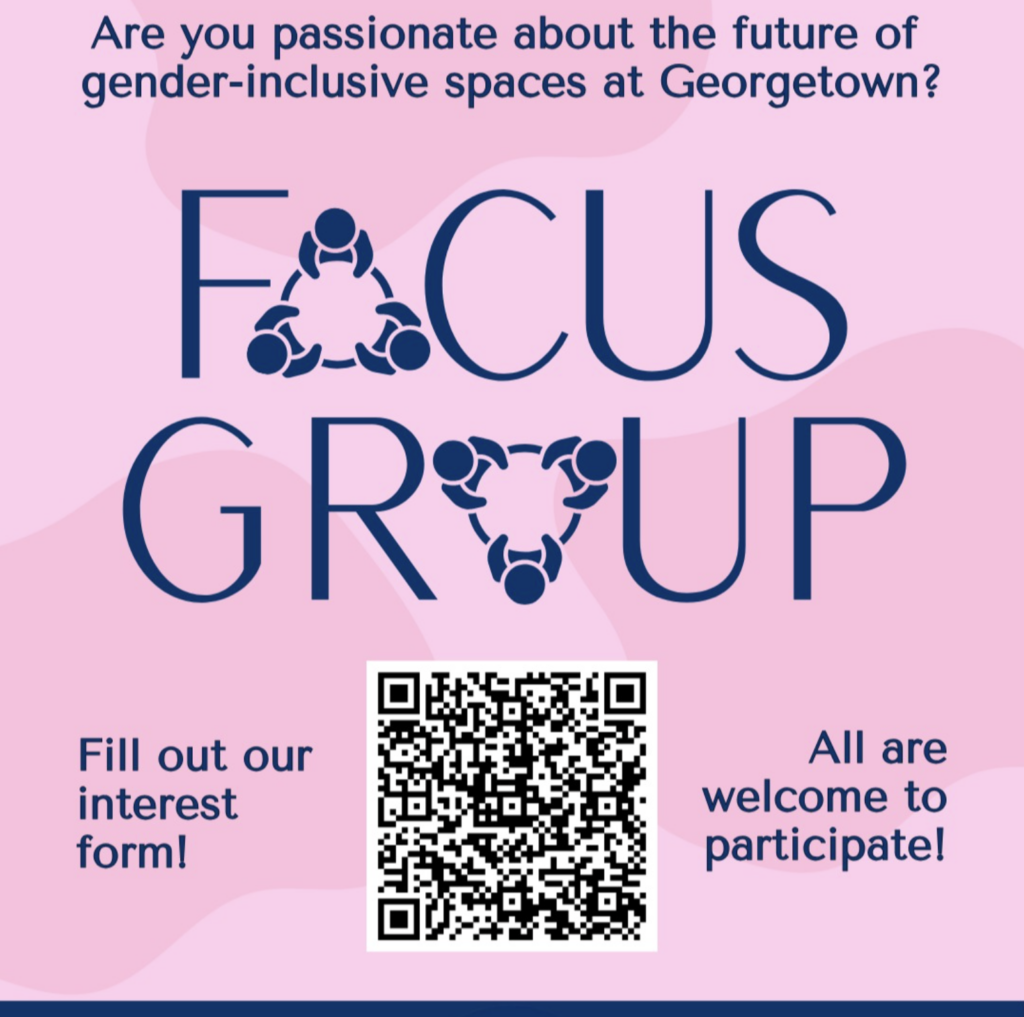 pink background with Women's Center logo and text, "Are you passionate about the future of gender-inclusive spaces at Georgetown? Focus Group. Fill out our interest form! All are welcome to participate!"