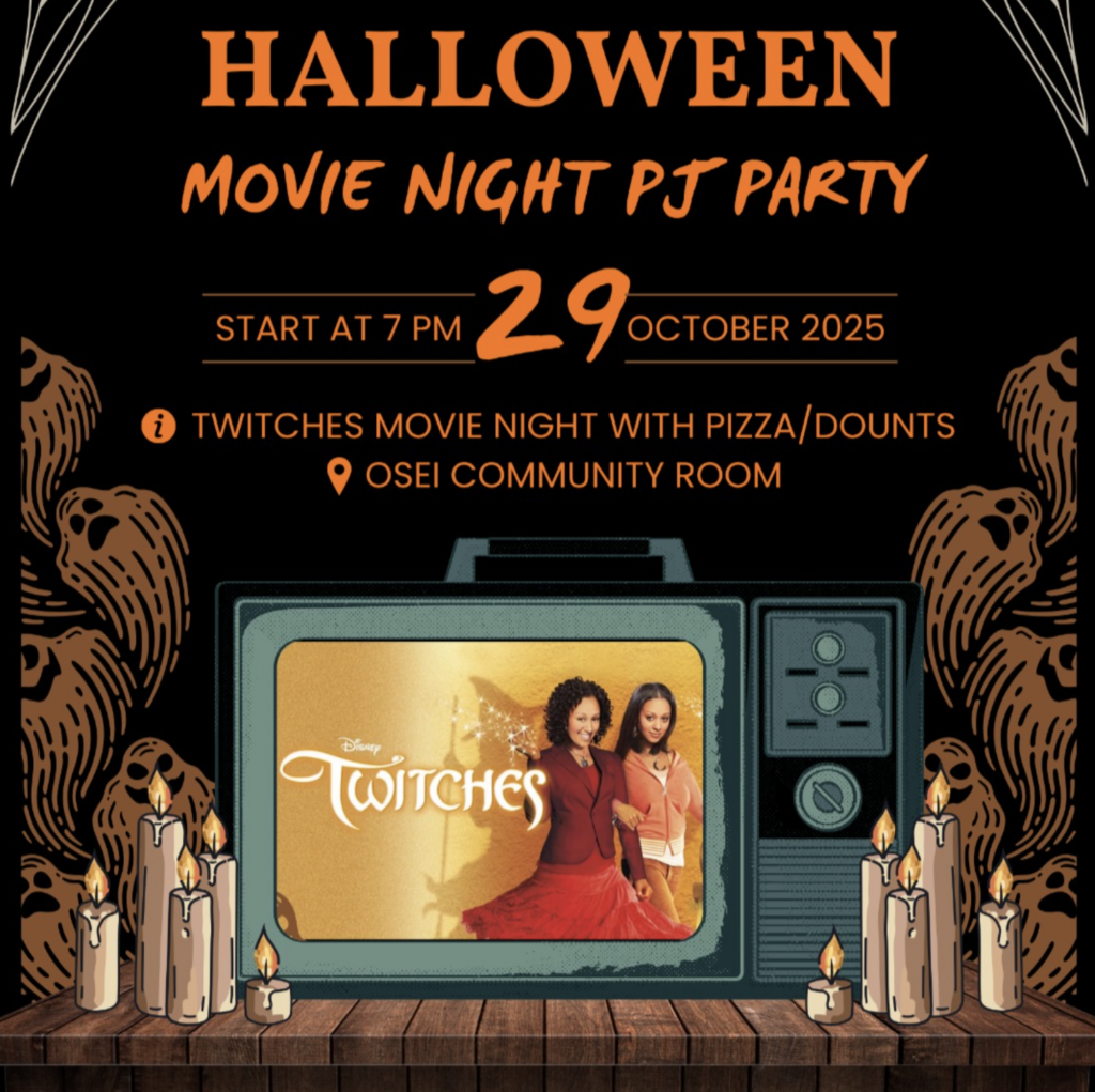 The image is a promotional poster for a Halloween movie night featuring the Disney movie "Twitches". The event is scheduled for October 29, 2025, at 7 PM in the Osei Community Room, includes pizza and donuts, and is hosted by the Georgetown University Women's Center. The poster features a vintage television screen displaying the "Twitches" movie title and characters. The design includes Halloween-themed elements like spiderwebs, candles, and ghostly figures to create a spooky atmosphere.