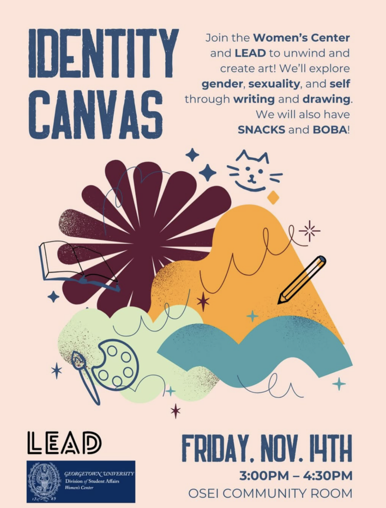 Flyer with abstract art background, LEAD and Women's Center logos, and text explaining the event and timing.